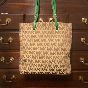 Michael Kors tote/carry all bag/flight bag/ Brown MK pattern, Kelly green strap